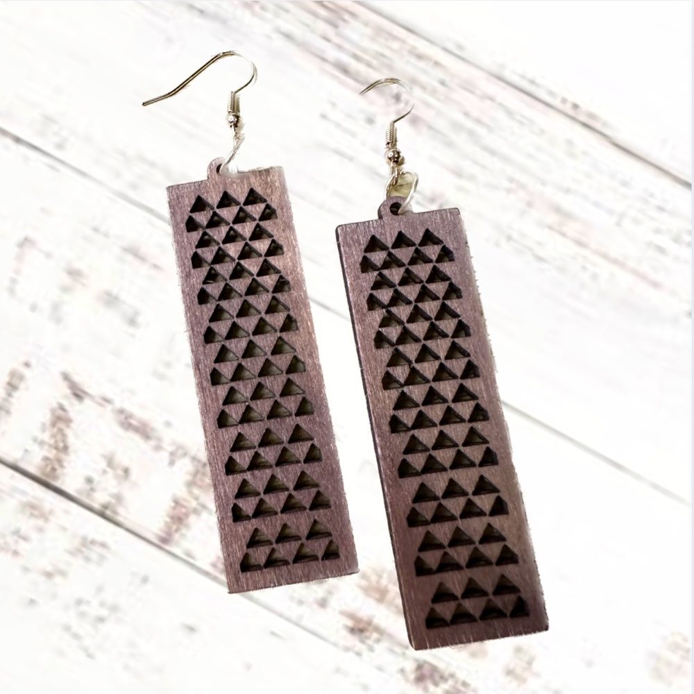 Earrings Carved Pattern Wood Triangle Design Dangle Lightweight Pair